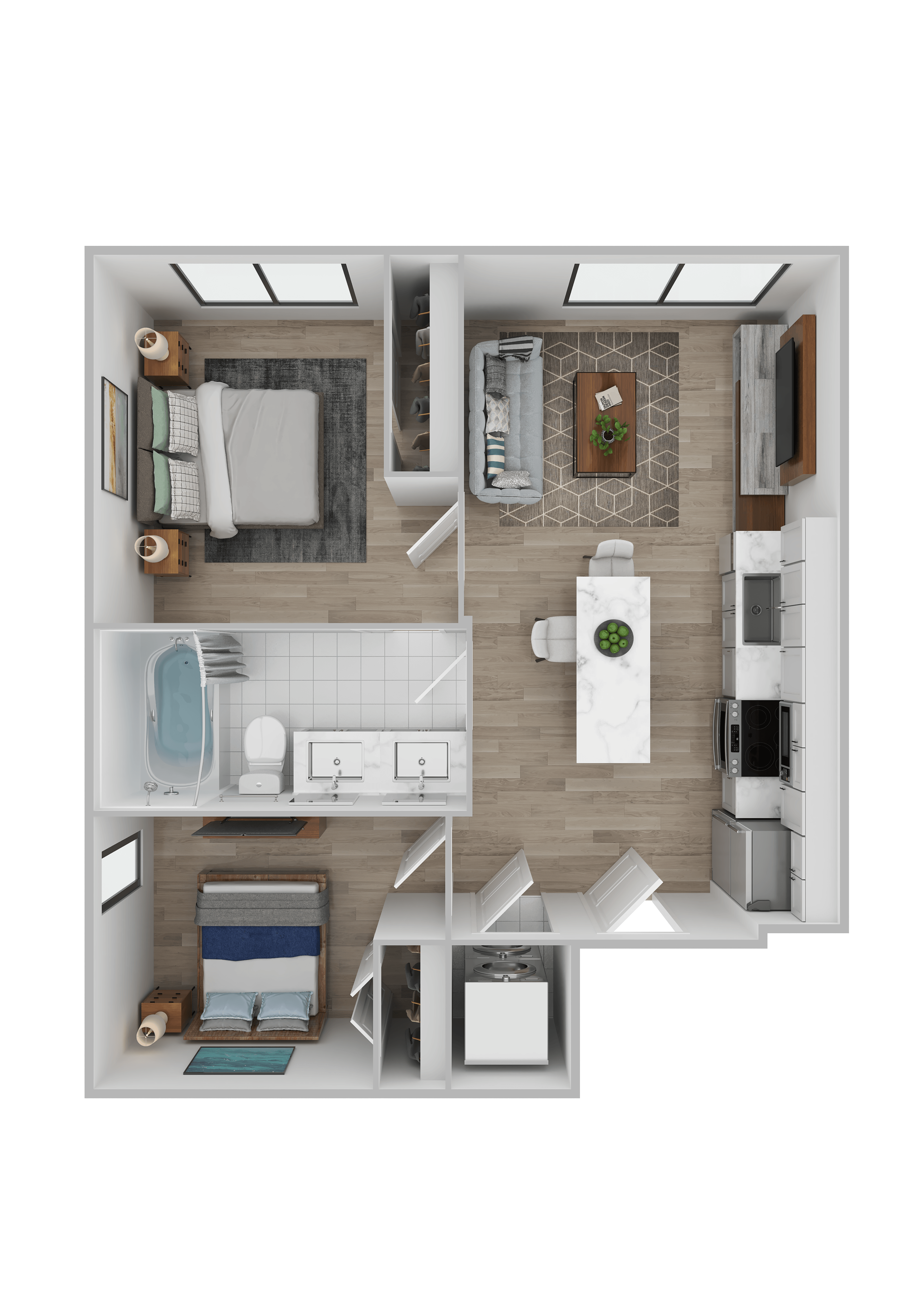 Floor plan for 2 beds, 1 bath, 634 sqft
